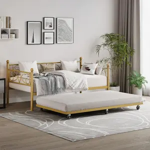 Gaomon Twin Size Metal Daybed with Trundle Bed, Floral Headboard, Steel Slat Support, Tool-Free Assembly, Space-Saving Multifunctional Bed for Living Room, Guest Room, No Box Spring Needed, Modern Gold