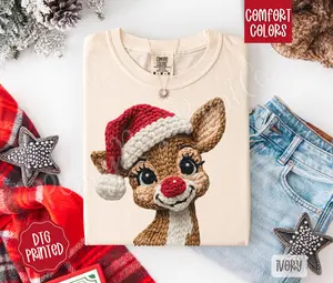 Faux Crochet Rudolph Shirt Comfort Colors, Trendy Women's Christmas Tshirt