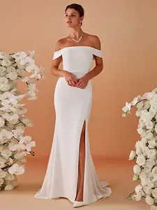 Ever-Pretty Off Shoulder Pleated Mermaid Wedding Dress featuring High Slit 02030