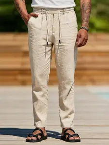 Men's Loose Fit Plain Linen Pants, Drawstring Waist, Breathable Summer Casual Long Trousers, Ideal for Sports & Travel, Perfect Gift
