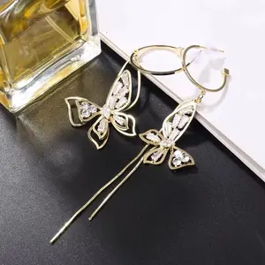 2 Pairs Earrings, New Asymmetric Rabbit Earrings, Butterfly Tassel Earrings, Fashionable Elegant Micro-inlaid Drop Earrings High-end Long Tassel Earrings