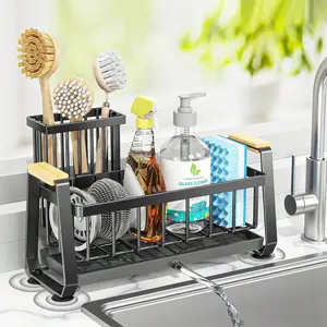 Sponge Holder For Kitchen Sink - Sink Caddy With Brush Holder Self-Draining Sponge Caddy Organizer With Divider Stainless Steel Kitchen Accessories Storage For Countertop