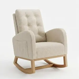 Garvee Modern Upholstered Nursery Rocking Chair with Adjustable Footrest, Recliner, Side Pocket, and Sturdy Wooden Legs in Multiple Colors with Teddy Fleece or Linen Upholstery for Living, Bedroom, or Nursing Rooms