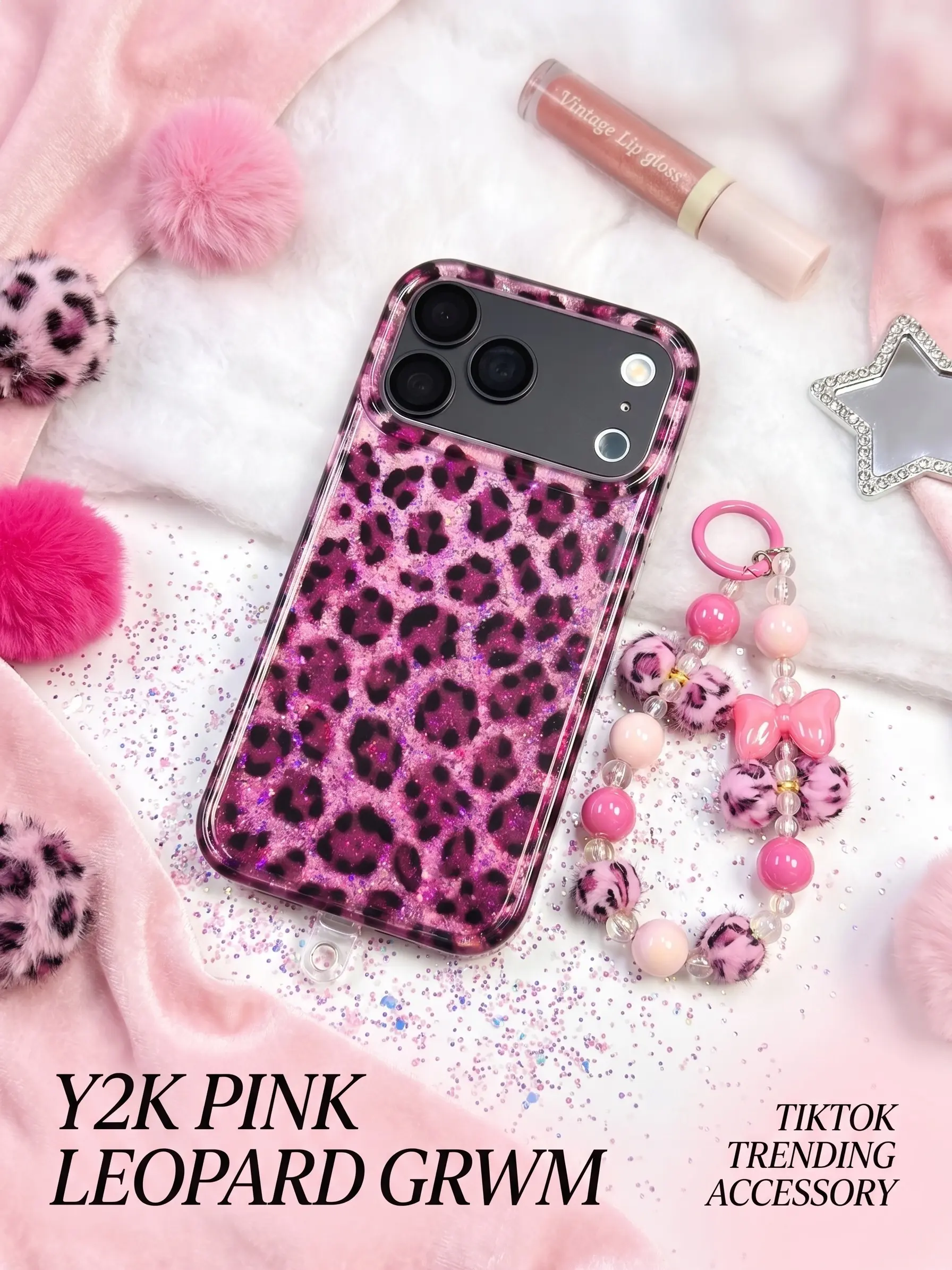 Cute Pink Leopard iP Case with Beaded Wrist Strap, Glitter Shockproof Phone Cover for Women Girls, Kawaii Bow Charm Protective Case Compatible with iPhone 17/16/15/14/Series