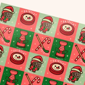 Personalized Christmas Hockey Wrapping Paper - Custom Holiday Gift Wrap Roll with Name for Hockey Fans Players Coaches - 90gsm Fine Art Paper - Rolled Design - Festive Fun Unique Gift Wrap