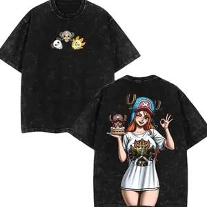 Tony Tony Chopper & Nami T-Shirt – Anim3 Tee – Vintage Double-Sided Graphic, Oversized Unisex Cotton Shirt, Casual Crewneck Short Sleeve Top, Retro Manga Streetwear, Soft Comfortable Fabric M