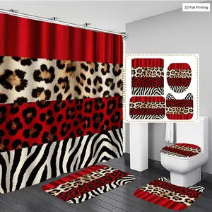 1/3/4PCS Wild s with Leopard and Zebra Prints Shower Curtain Set with Rugs, Non Slip Bath Mat, U-Shape Carpet, Toilet Lid Cover, Bathtub Curtain Accessories, 12 Hooks, Home Bathroom Festival Decor, Bathroom Decoration Accessories