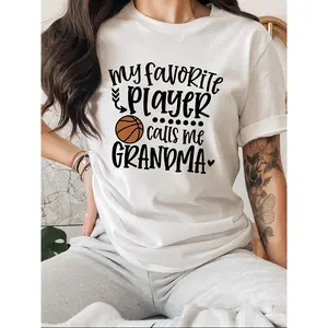 Women's Basketball Graphic T-Shirt - "My Favorite Player Calls Me GRANDMA" Slogan, Casual Short Sleeve Round Neck Top, Breathable Mid-Stretch Fabric, Machine Washable Spring/Summer Tee, Basketball Shirt, Sports Fan Apparel, Relaxed Fit Tee, Nontransparent