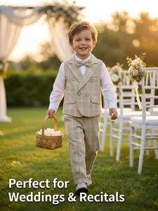 Boys' School Style Three-Piece Set (vest + Pants + Tie), Elegant Plaid Suit for Birthday Parties, Formal Wear for Family Gatherings