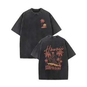 Men's Vintage Washed Cotton T-Shirt, Double Sided Summer Coconut Tree & Surfboard Print, Crew Neck Casual Tee, Perfect for Spring, Summer, Vacation and Holiday Gifts