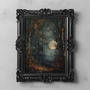 Autumn Full Moon Dark Forest Art Print, Dark Cottagecore, Moody Fall Art, Gothic Halloween Art Decor F