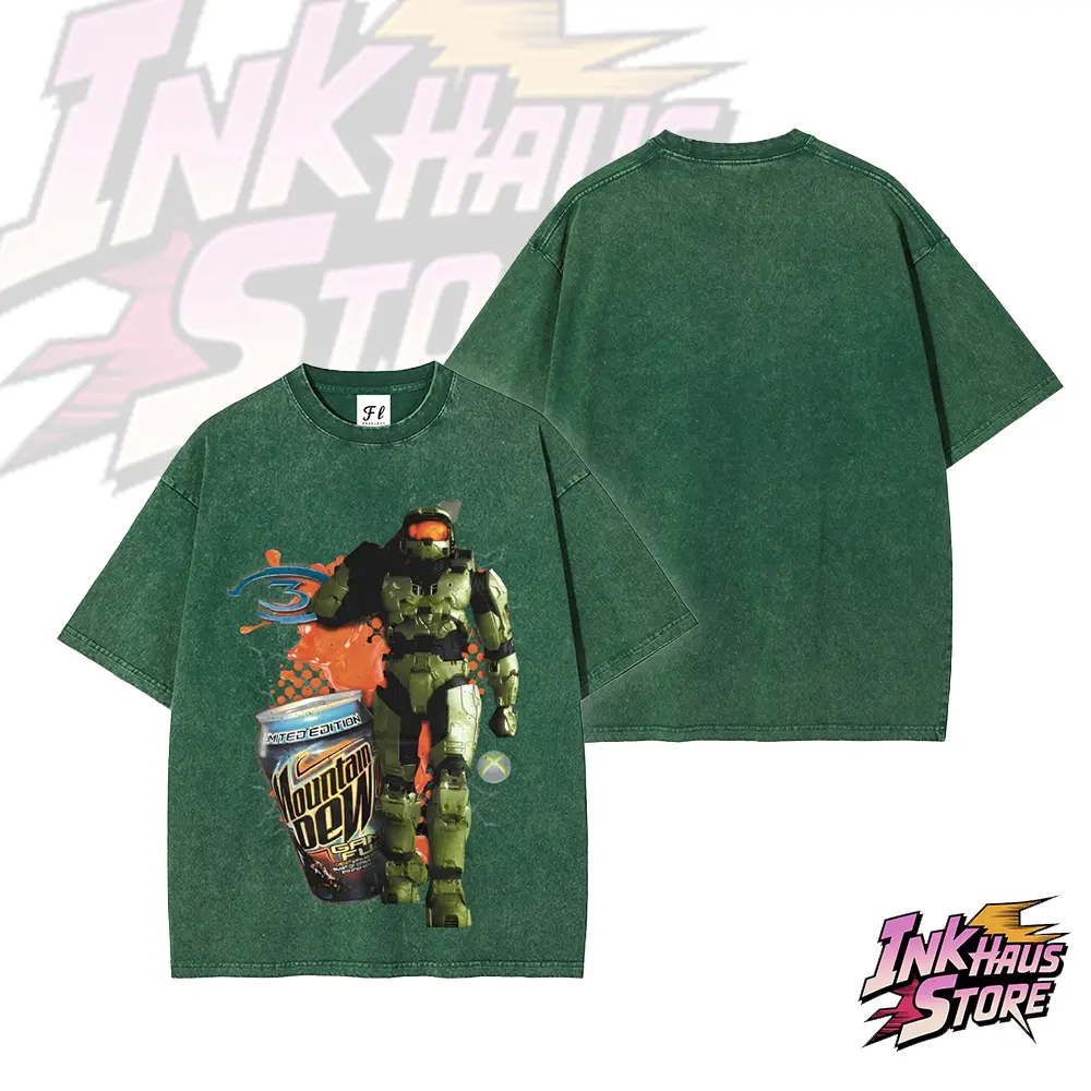 Halo series protagonist, Master Chief, collaborated with Mountain Dew energy drink to design the Short Sleeve Cotton Unisex Retro Wash Tee.