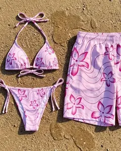 (Sale up 50%) Sunset Palm Tree Bikini and Swim Shorts, Tropical Gradient Summer Swimsuit, Couple Vacation Beachwear, Exotic Island Bathing Suit