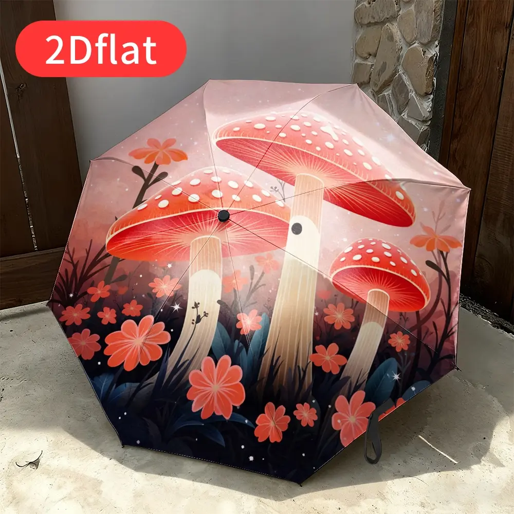 Folding Umbrella – This umbrella features a striking red giant mushroom with white spots, surrounded by coral-colored flowers and dark green leaves. The central motif is the fly agaric mushroom. Perfect for travel,