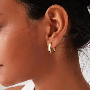 [S925 Post] 14K Gold Plated Rectangle Hoop Earrings for Women | Small Thick U-Shaped Geometric Hoops | Hypoallergenic & Tarnish-Free Jewelry | Minimalist Huggie Earrings for Sensitive Ears | TikTok Viral Gift men Surgical Steel Stud Set Round party