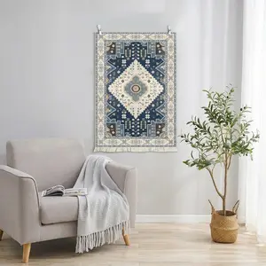 Blue Persian Style Vintage Geometric Fringe Wall Hanging Tapestry, Luxury Ethnic Wall Decor Fabric, Bedroom Living Room Bed Head Art