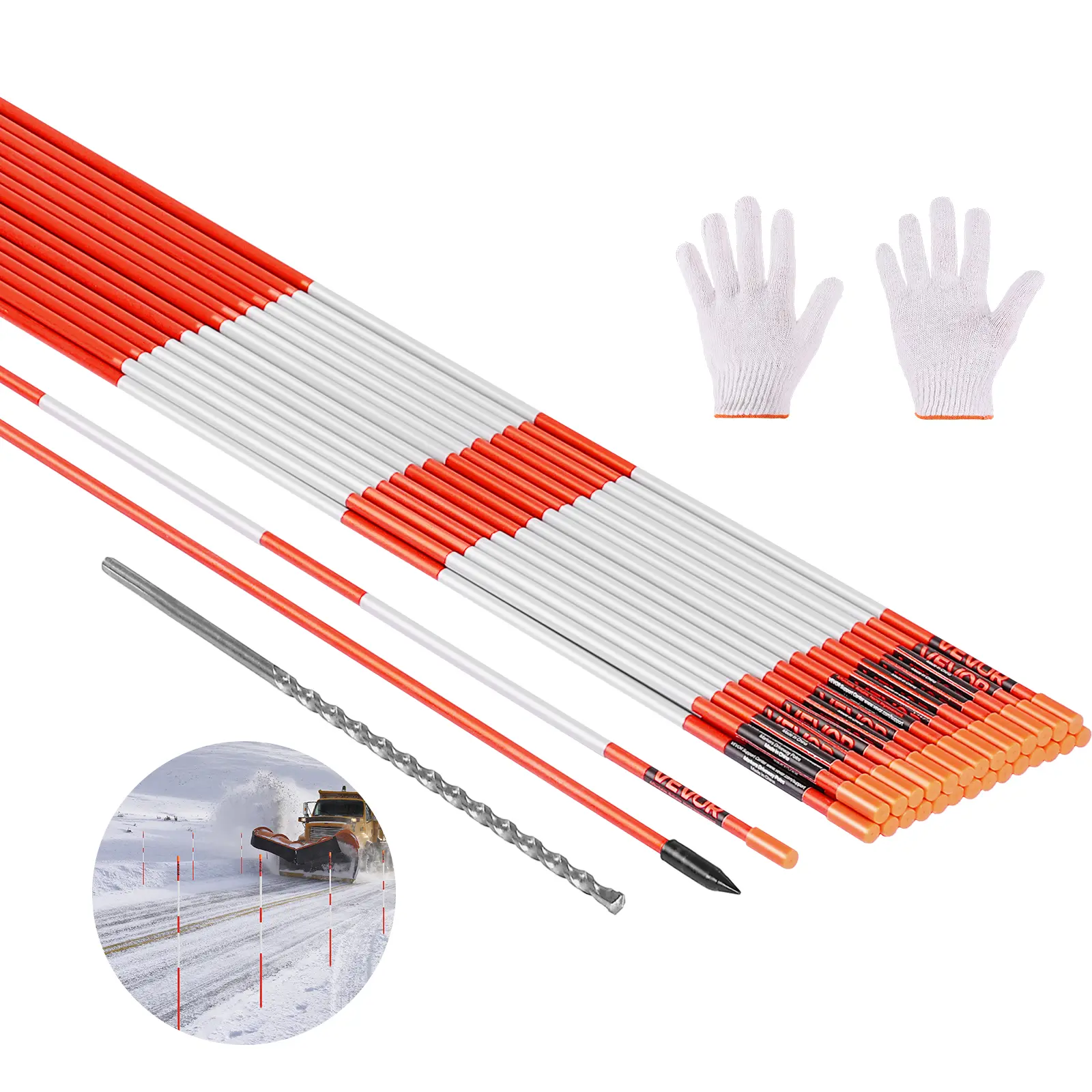 VEVOR Driveway Markers, 200 Pack, 48 in x 1/4 in High-Vis Fiberglass Poles, Reflective Stakes for Construction Sites, Crowd Control & Guidance, Hammer Install with Drill Bit, Fiber Glass, Bulk Pack, High-Visibility, Dual Bands, Includes Gloves And Drill B