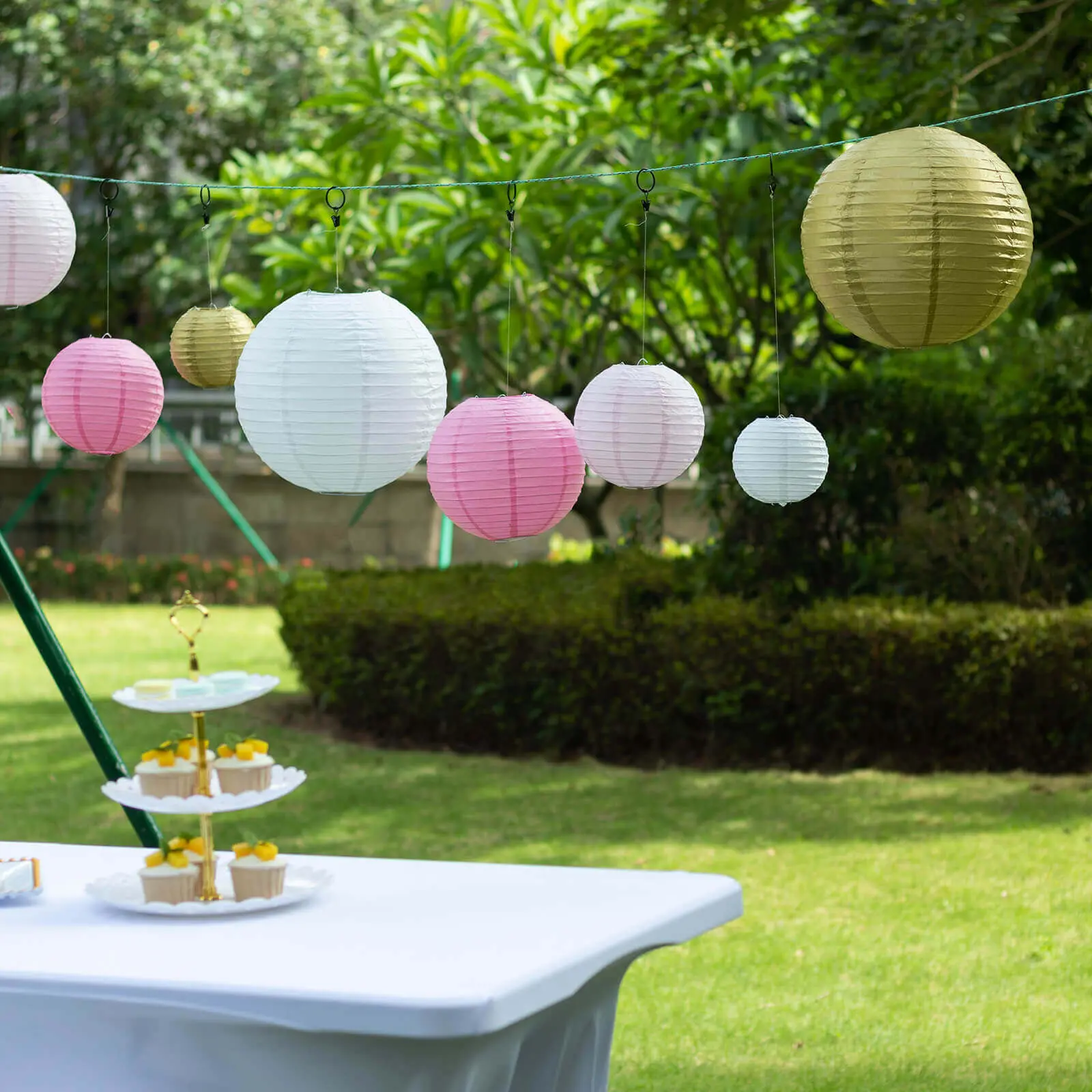8-Piece Pastel Blush Gold Hanging Paper Lanterns - Assorted Sizes (6",8",10",14") for Party, Outdoor Home Decor