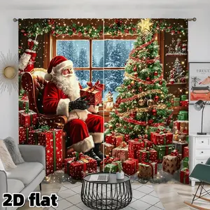 2D Flat 2Pcs Christmas Holiday Scene Window Curtains Festive Santa Tree Print Rod Pocket Drapes Polyester Semi Sunshade Panels Living Room Bedroom Home Decor Gift Treatment Anti Privacy