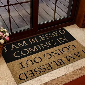 I am a Blessed Doormat - Non-slip entrance mat with inspirational Bible verses, quick-drying for front doors, living rooms, and bedrooms - Beige and black religious home decor mat, bold lettering design, high-quality fabric, spiritual home essential.