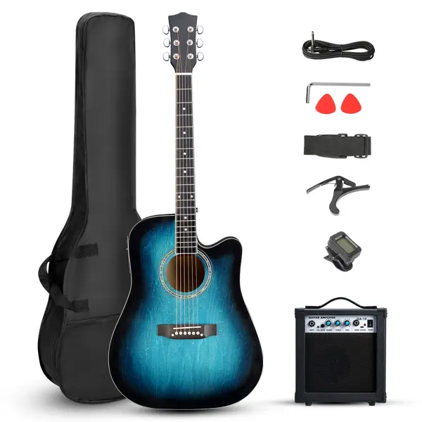 41-in Basswood Folk Guitar Kit - Matte Binding, Blue Rubbed Finish, 10W Amplifier Power, Gig Bag, Tuner, Rosewood Fingerboard & Bridge, Guitar Dimensions Details, and Other Accessories