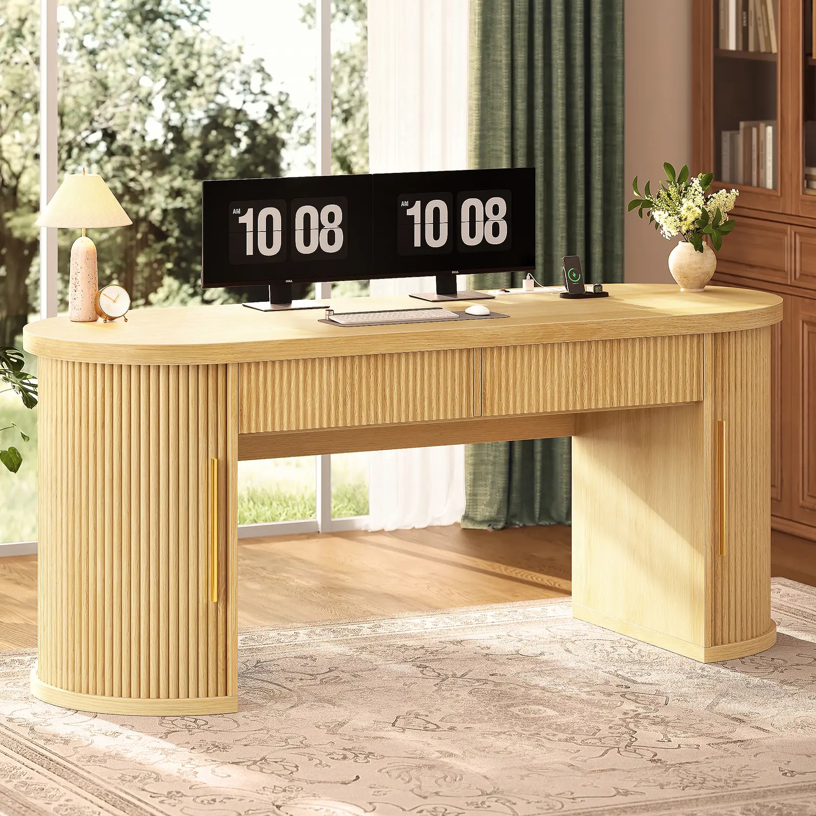 Sedeta Modern Fluted Panel Engineered Wood Office Desk - 58.3x21.7in Long Shape, Sturdy Frame Base, 2 Drawers, 2-Sliding-Door Storage, Drawer+Outlet Power Strip, Desk for Bedroom, Home Office Executive Use, Computer Desk