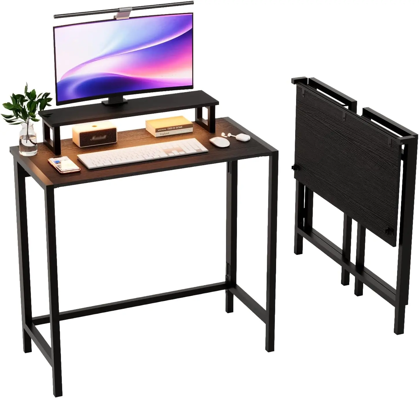 Karlhome 32 Inch Small Computer Desk, Folding Table w/Monitor Stand & LED Lights, Reversible Gaming Desk, Modern Study Desk for Bedroom Home Office, Writing, Black