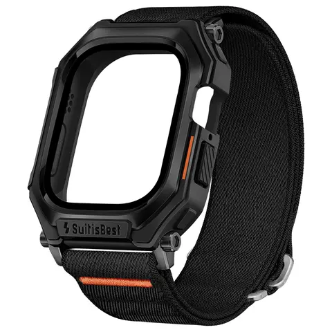Suitisbest Rugged Integrated TPU Case & Stretch Nylon Band for Men, Adjustable Sport Strap Compatible with Apple Watch Series 4–12, SE & Ultra 1–4, 49mm/46mm/45mm/44mm