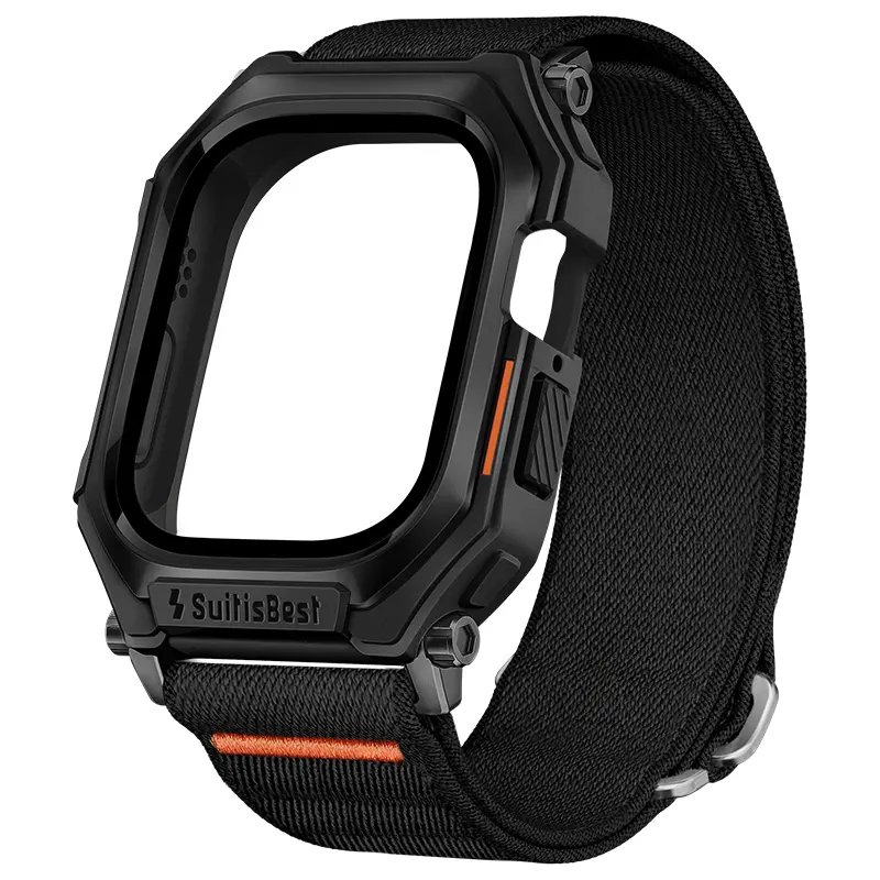 Suitisbest Rugged Integrated TPU Case & Stretch Nylon Band for Men, Adjustable Sport Strap Compatible with Apple Watch Series 4–12, SE & Ultra 1–4, 49mm/46mm/45mm/44mm