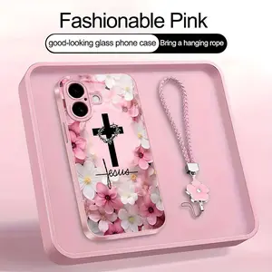 Christian Jesus Cross Floral Art Phone Case, Suitable for [iPhone 16] high-end women's, Lanyard a beautiful four-leaf clover lanyard is included🍀 952