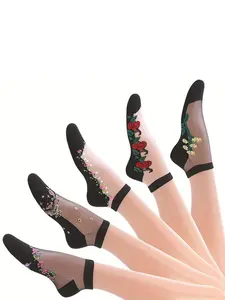 Women's 5 Pairs Floral Print Sheer Contrast Mesh Ankle Socks, Summer 2024 Elegant Comfy Breathable Low Cut Socks For Daily Wear, Women's Socks For Summer, Casual Soft Socks