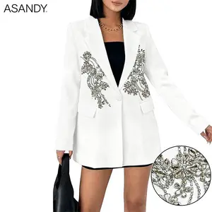 ASANDY Women's Elegant Floral Crystal Embroidered Blazer Jacket - Long Sleeve, Single Button, Evening Dress/Wedding/Casual Jacket-Oversize