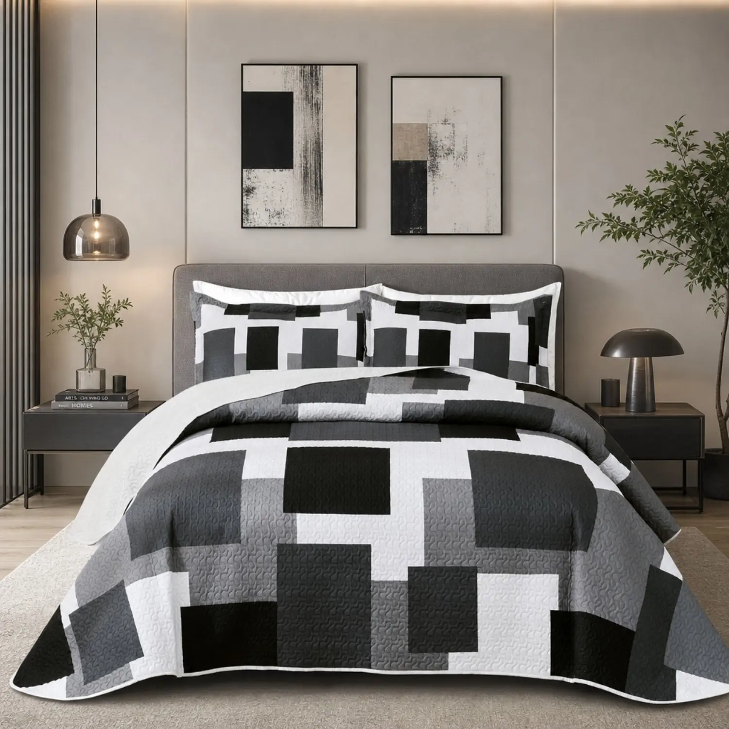 3 Piece Quilt Set Geometric Reversible Bedding Set Microfiber Lightweight Bedspread Coverlet with 2 Shams Modern Bed Covers for All Season summerwins