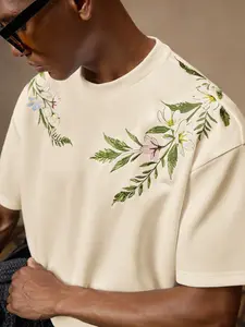 Unisex Cream Heavy Floral Embroidered Short Sleeve T-Shirt | Oversized New Chinese Style Casual Top for Daily Wear & Streetwear