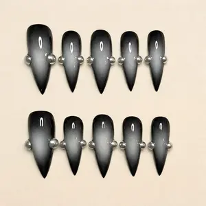 Gothic Black Aura Press On Nails with Silver Pierced Ball Charms | Edgy Grunge Ombre Fake Nails | Punk Rock Nails