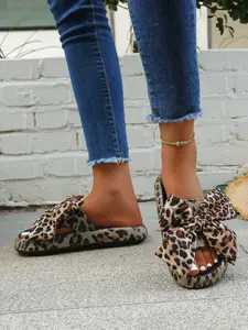 Women's Summer Thick Sole Non-Slip Comfort Slippers, Outdoor Casual Leopard Print Sandals with Bowknot, Eva Material Beach Shoes, Thick Soled Slippers