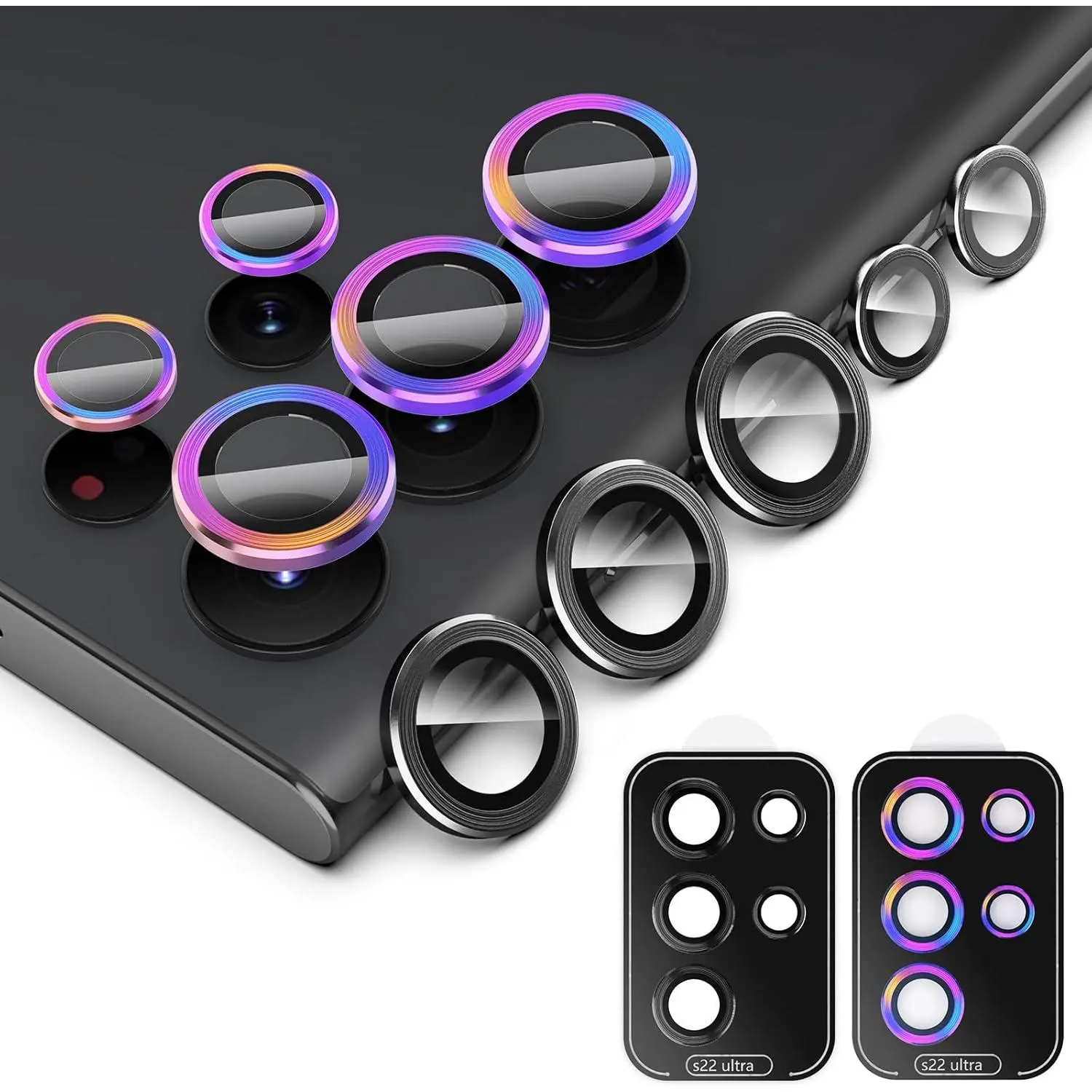 2 Pack Individual Camera Lens Protector Compatible with  Galaxy S22 Ultra 5G 2022, 9H Tempered Glass Camera Cover Metal Ring for S22 Ultra [Installation Tray], Black+Colorful