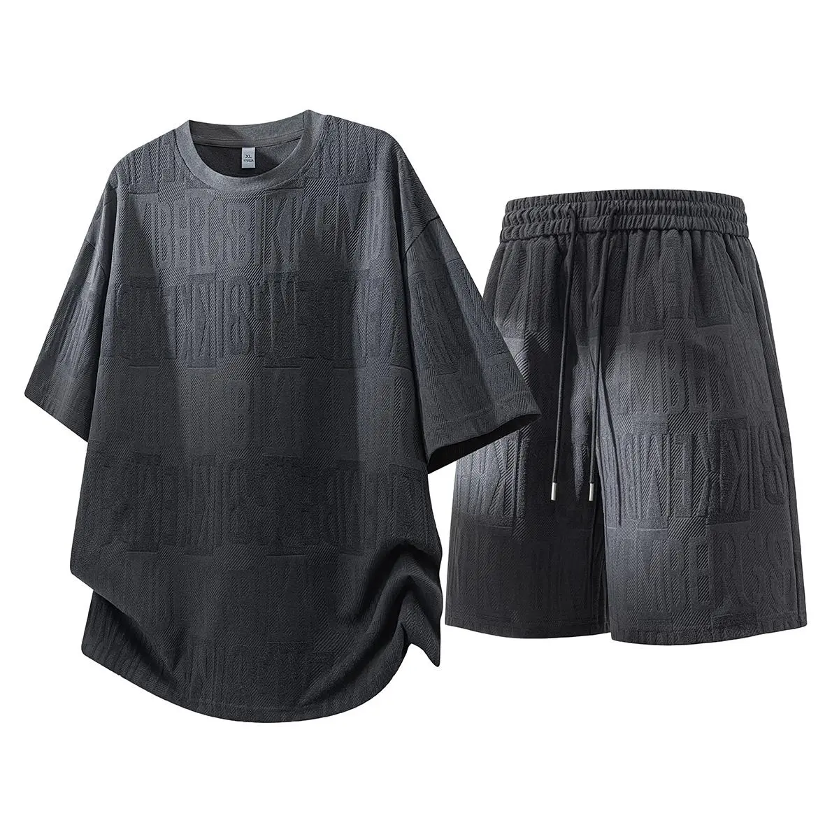Men's Oversized Letter-Embossed Curved-Hem Tracksuit Set, 3D Jacquard Detail, Elastic Waistband with Adjustable Drawstring, Casual Sportswear for Street Style, Daily Wear, Tracksuits