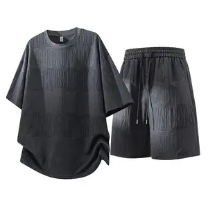 Letter-Embossed Curved-Hem Tracksuit Mens Oversized Casual Sportswear Set with 3D Jacquard Detail, Elastic Waistband & Adjustable Drawstring for Street Style, Daily Wear .