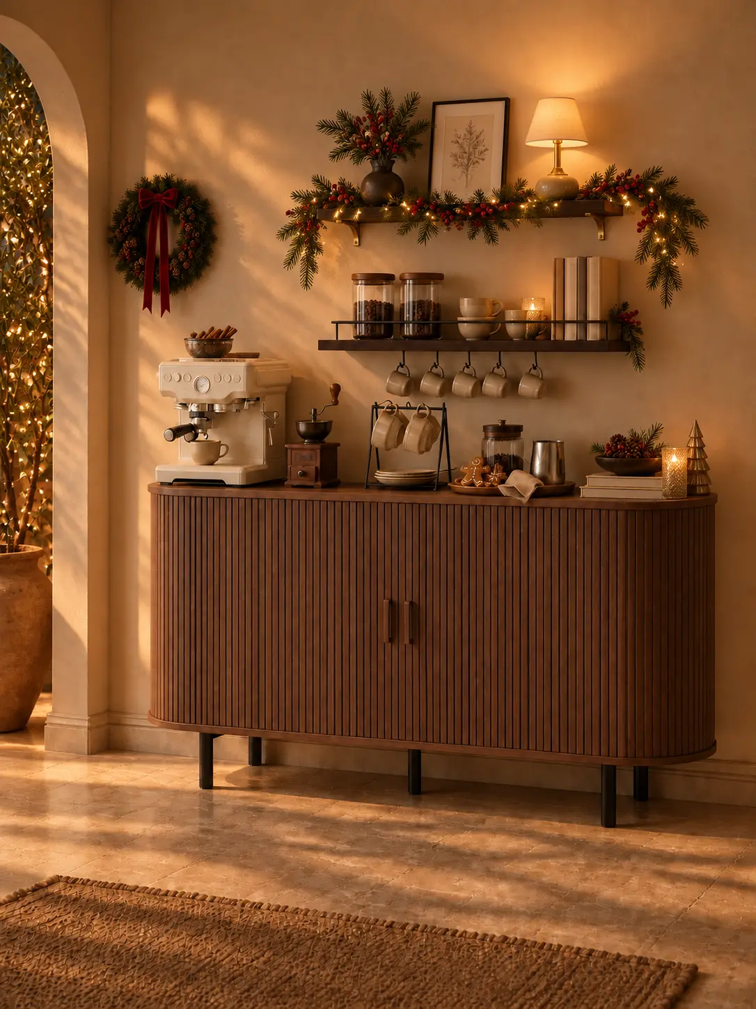 【Sliding Doors Design】ONBRILL 40/48/55/63" Gorgeous Fluted Buffet Cabinet, Coner Coffee Bar With Storage,  Mid Century Modern Sideboard with Adjustable Shelf, Accent Wood Console Table for Kitchen Entryway Living Room Furniture【TiktokShopStockUp】