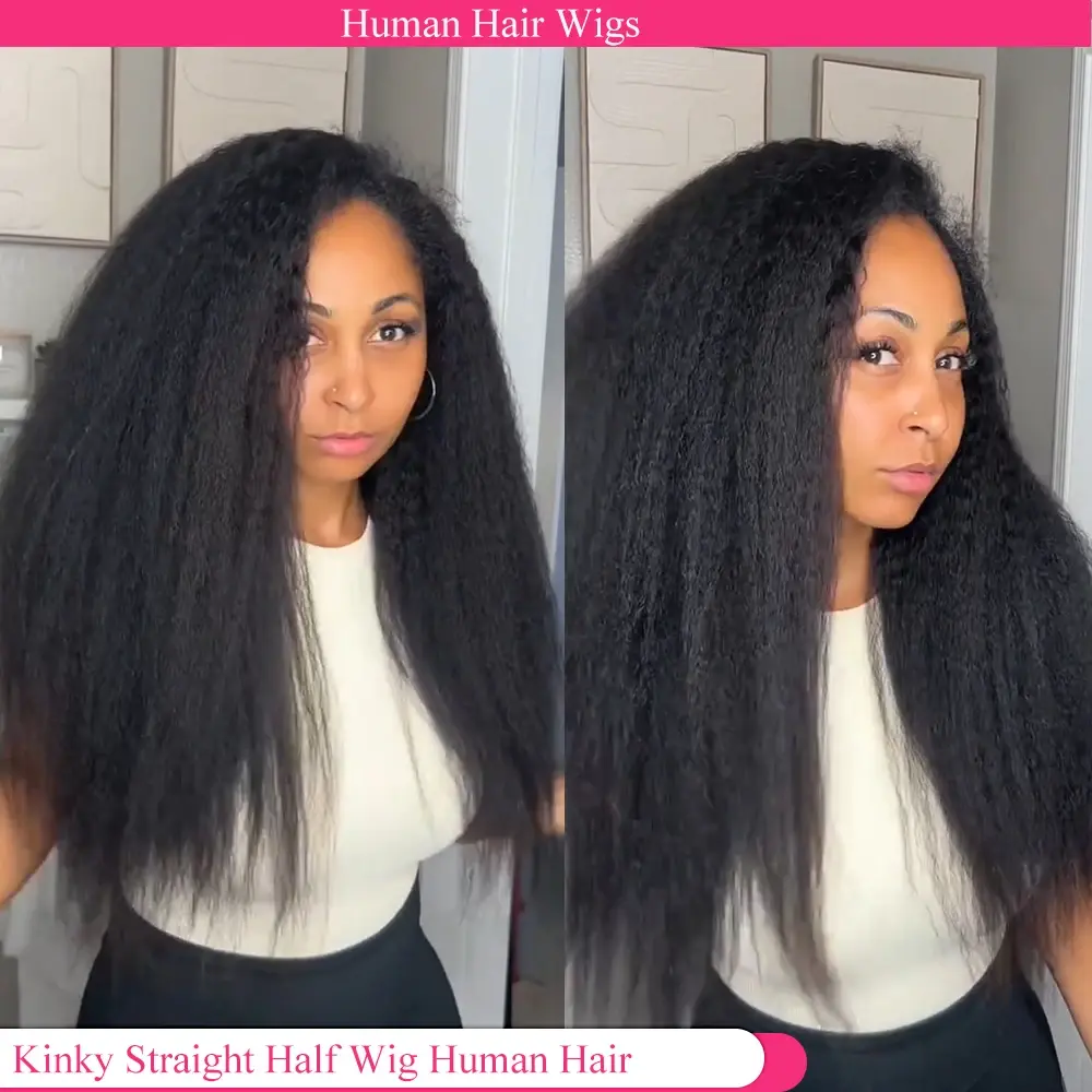 Kinky Straight 3 IN 1 Half Wig Human Hair Glueless Wig Human Hair Ready to Wear Half Wig With Drawstring Seamless Clips Half Wig