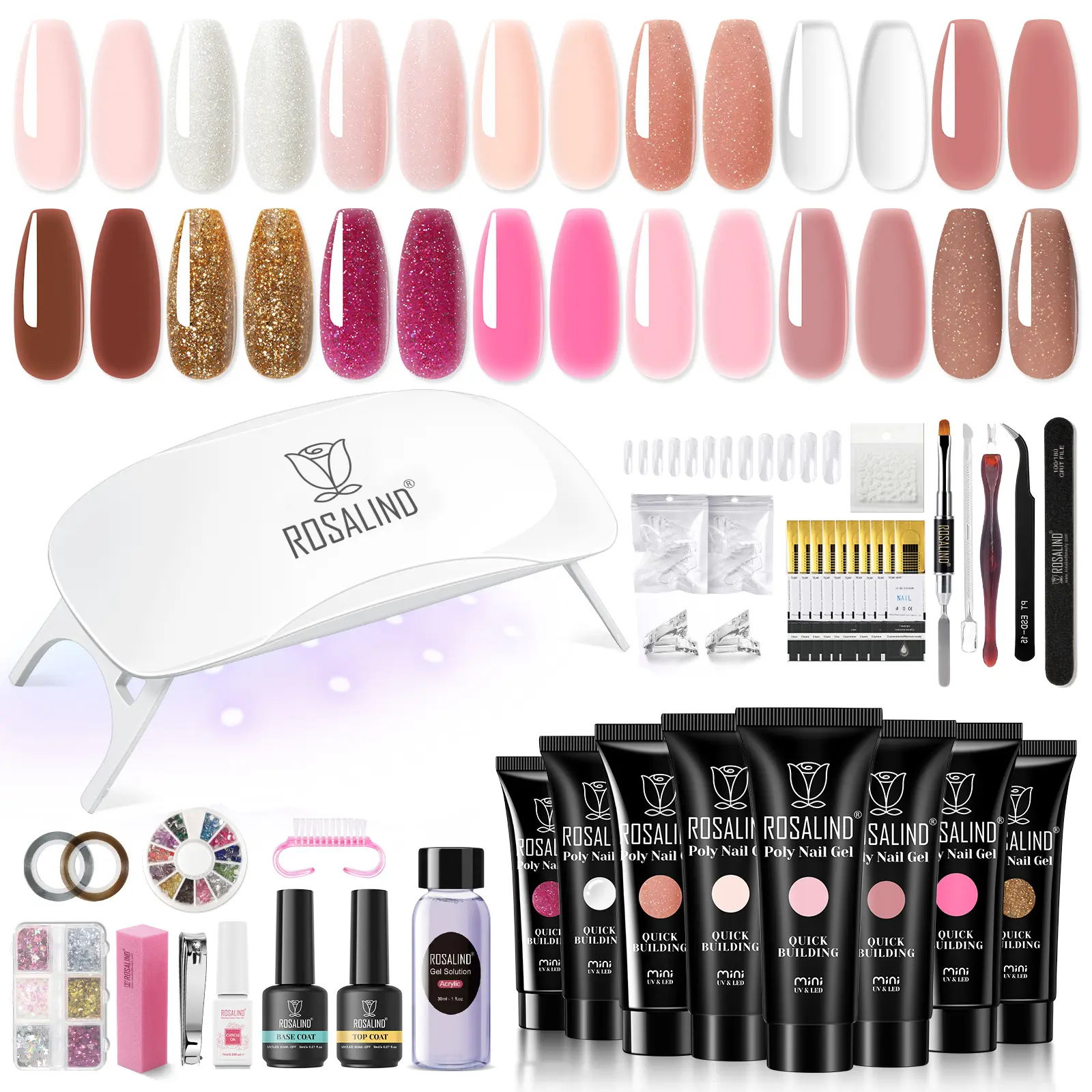 ROSALIND Poly Nail Gel Starter Gel Kit with Nail Tools Mini UV Light 14 Color Clear Natural Pink Glitter Diy French Design Gifts Manicure Essentials Extension Nail Gel Set