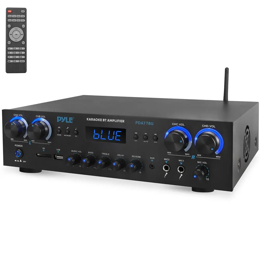 800W Bluetooth Home Theater Amplifier Receiver | 4-Channel Compact Stereo Audio Amplifier with Bluetooth 5.0 -  FM Radio, USB/SD Readers, Dual Mic Inputs, RCA/AUX, Remote Control for Home Speakers