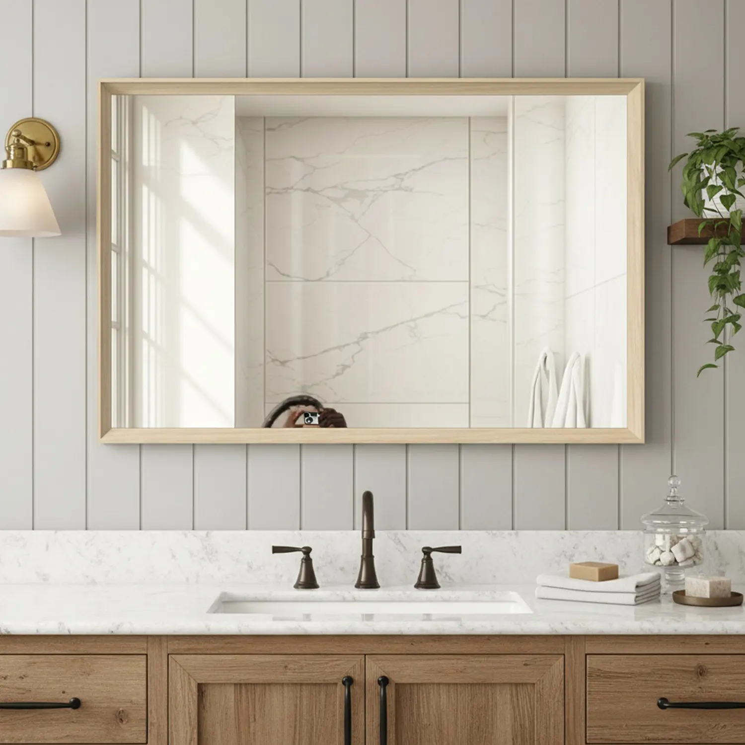 Spaco 24"x36" Rectangular Distortion-Free Tempered Glass Wall-Mount Mirror - Eco-Friendly Oak Wood Effect Frame, Screw-Hanging Easy Installation for Modern Home Living Room, Bathroom Decor