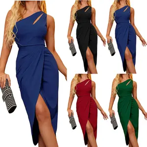 Women's Sexy One Shoulder Bodycon Formal Dress Summer Cutout Ruched Slit Wrap Cocktail Party Midi Dresses