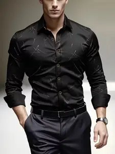 Men's Long Sleeve Printed Geometric Collared Shirt, Slim-Fit Button Design, Casual Classic Fashionable Comfortable Top Cs3645, Daily Wear, Menswear, Casual Fashion Fitted