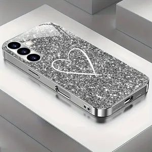 High-end Fashion Trend Simple Glitter Love Pattern Electroplated Silver Tempered Glass Phone Case for Samsung for galaxy S25 24 23 22 21 20Plus A05 06 14 15 16 24 25 26 34 35 36 54 55 56 High-end business, cute, male and female couples Fashion case trendy