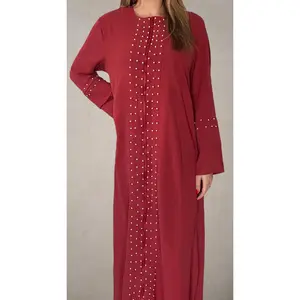 Front Zipper Pearl Abaya Maroon