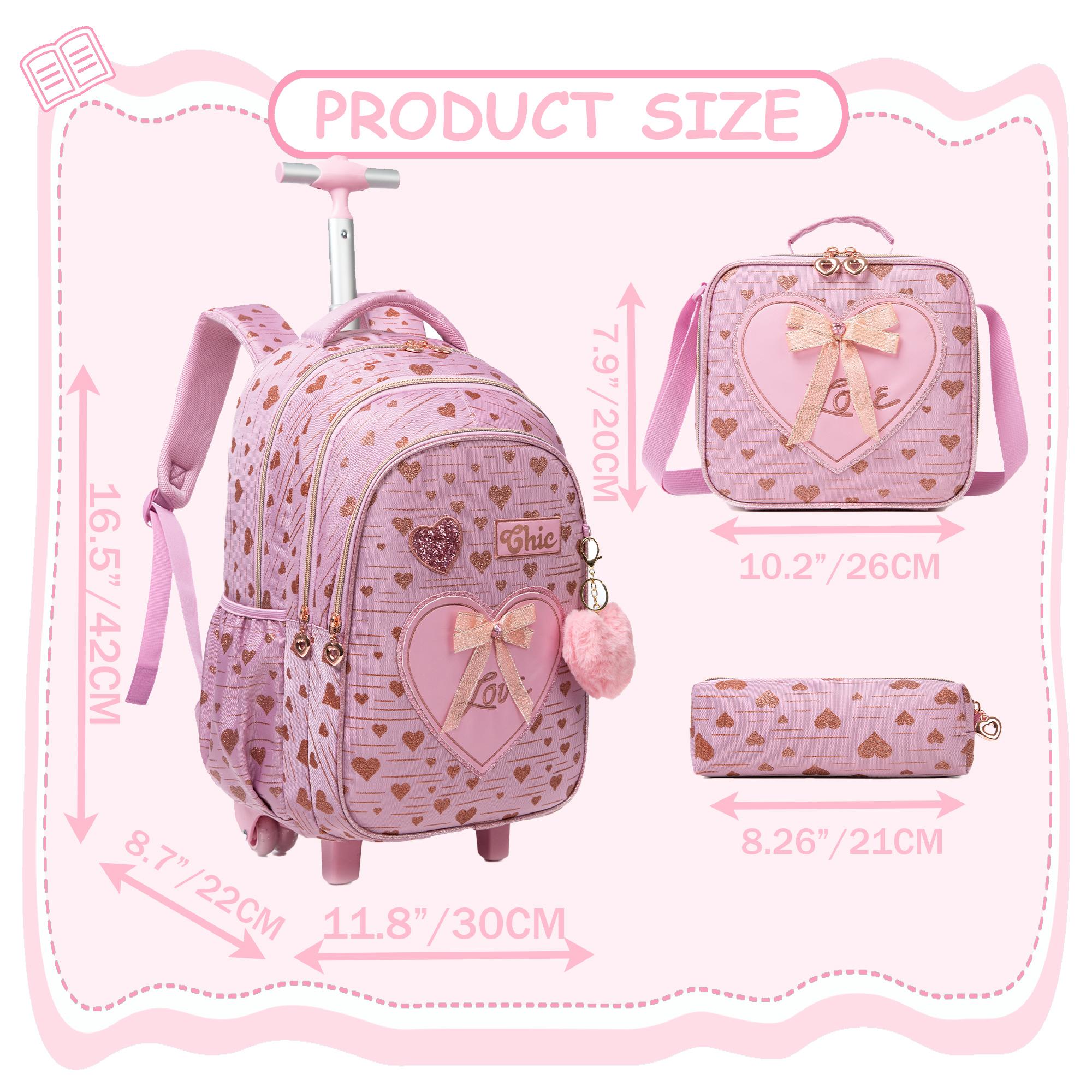 Chic Pink Heart Rolling Backpack 3-in-1 Set | Cute Glitter Bow Girls School Bag with Wheels, Insulated Lunch Tote & Pencil Pouch | Magical Wheeled Bookbag Gift for Kids