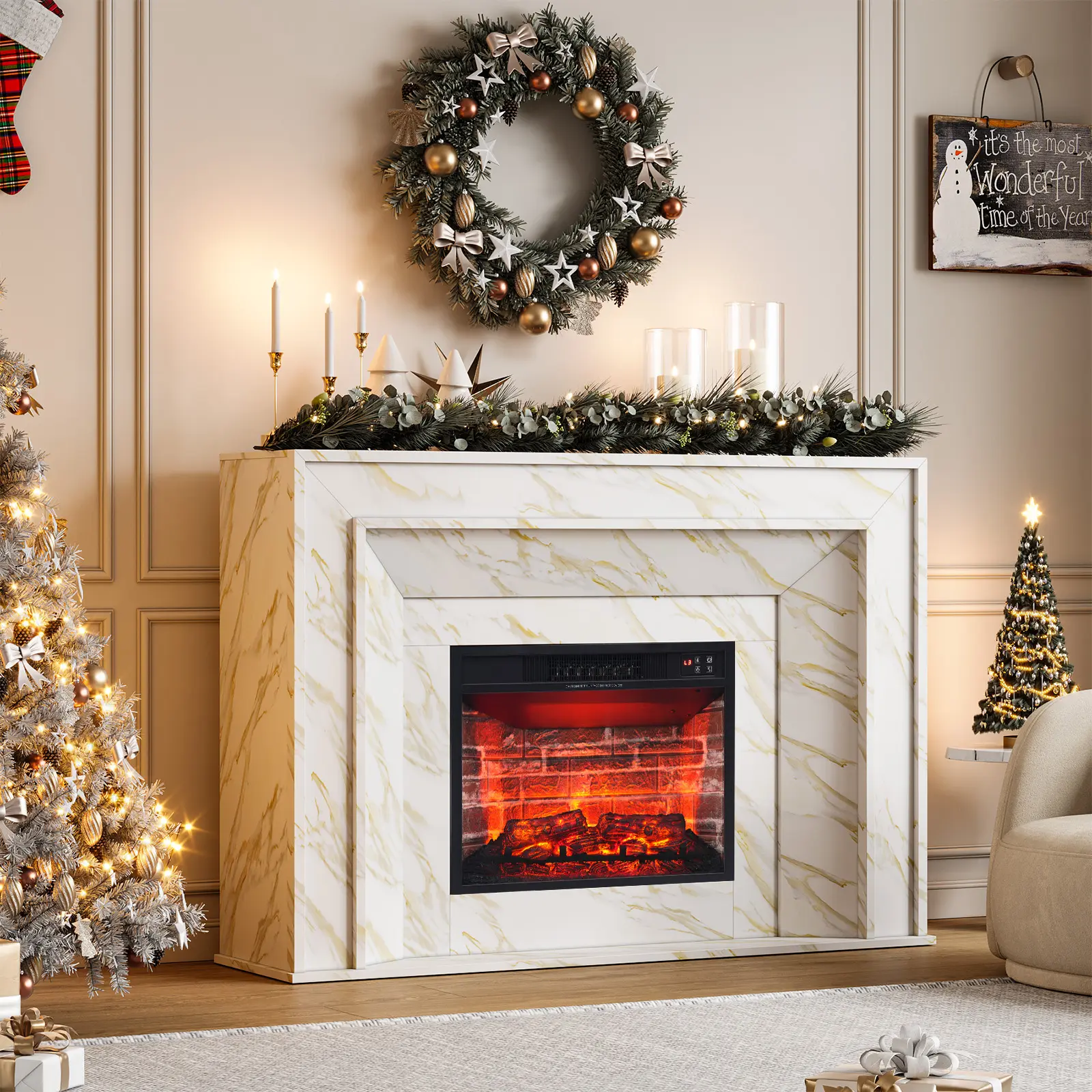 LGHM 51" Modern White Electric Fireplace with Mantel,  Fireplace TV Stand for TVs , Farmhouse Entertainment Center ,Fireplace Heater Insert with Realistic 3D Flame for Living Room,Bedroom